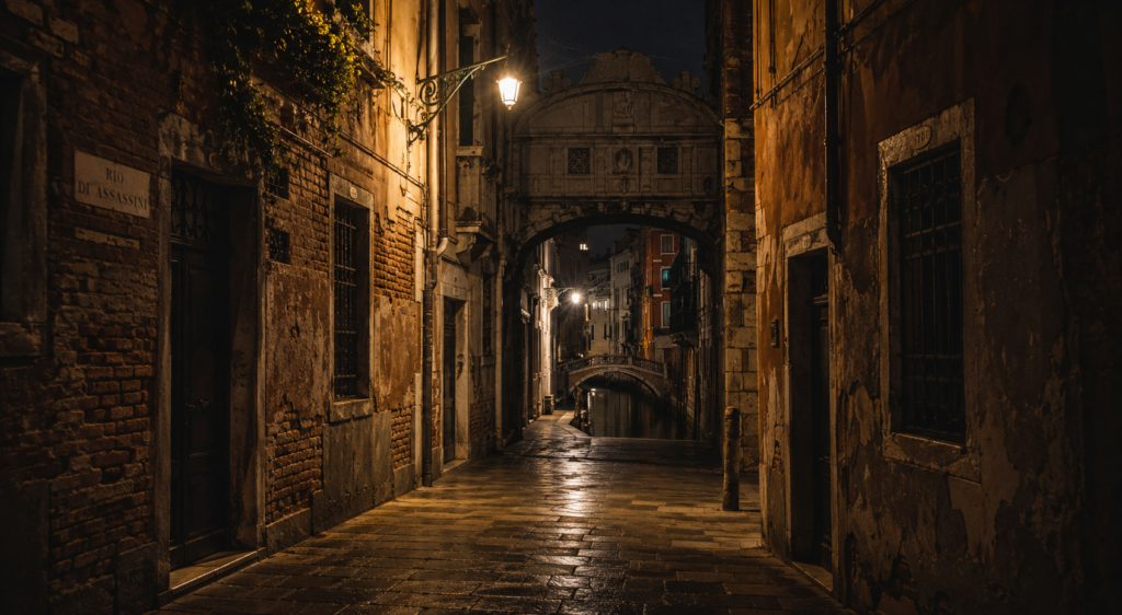 Private Venice Night Tour: Legends, Mysteries & Secrets Atmospheric Venetian alley at night on a private Venice legends and mysteries walking tour